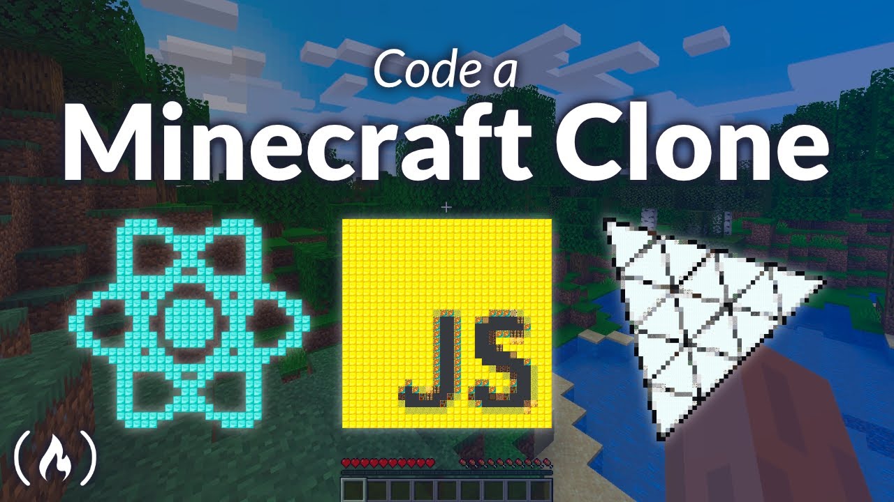 Minecraft clone tutorial thumbnail showing a block landscape and JavaScript, React and Three.js logos